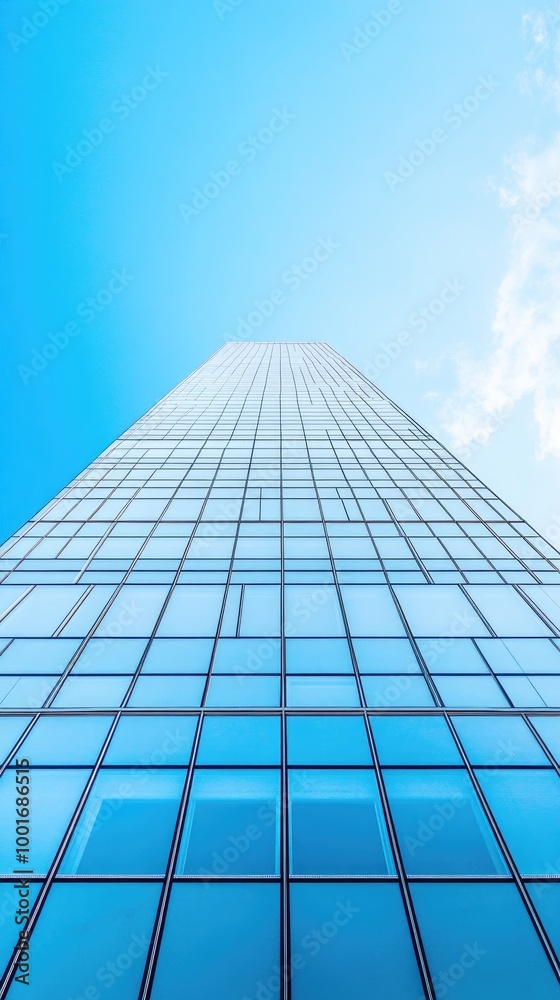 Modern Skyscraper with Glass Windows Against Blue Sky Under Cloudless Daylight