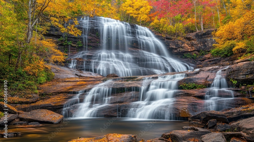 Obraz premium A cascading waterfall surrounded by vibrant autumn foliage.