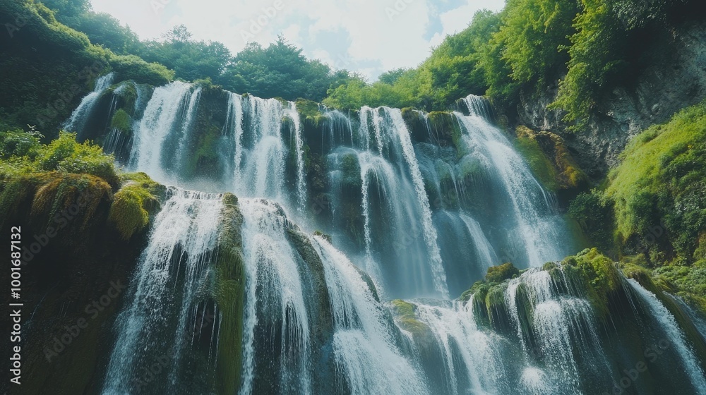 A cascading waterfall tumbles down a rocky cliff face, surrounded by lush green foliage, under a bright blue sky. A cascading waterfall tumbles down a rocky cliff face, surrounded by lush green foliage, under a bright blue sky.