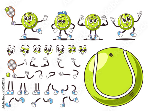 Set Of Cartoon Retro Tennis Ball Characters With Playful Expressions And Poses, Accessories Such As Rackets And Shoes