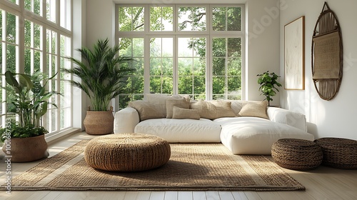 Bright and airy living room interior design with large windows, white couch, and wicker accents