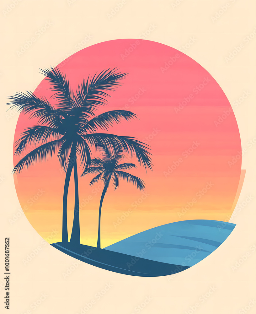 Fototapeta premium Minimalist Tropical Sunset with Palm Trees and Island Silhouette