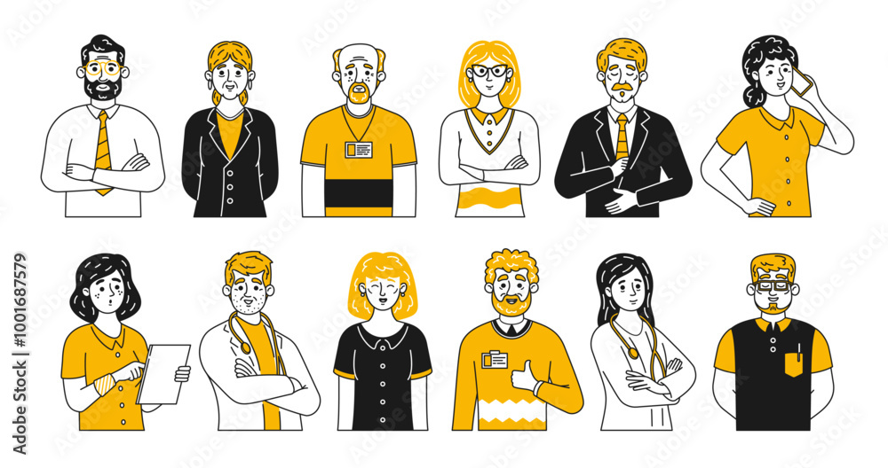 Set of Business Professionals In Doodle Style. Characters Showcasing Unique Expression And Attire. Vector Illustration Set of Business Professionals In Doodle Style. Characters Showcasing Unique Expression And Attire. Vector Illustration