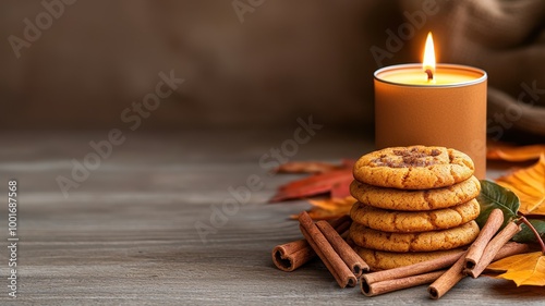 Savory cookies with cinnamon, candle, and autumn leaves on wooden table. photo