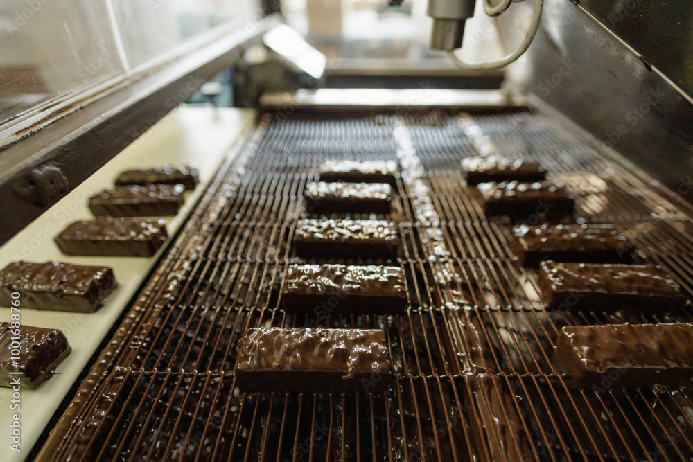 Сhocolate sweets on the conveyor line of a confectionery factory. Сhocolate sweets on the conveyor line of a confectionery factory.