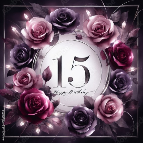 Elegant birthday card design with roses and the number 15 in a beautiful arrangement. photo