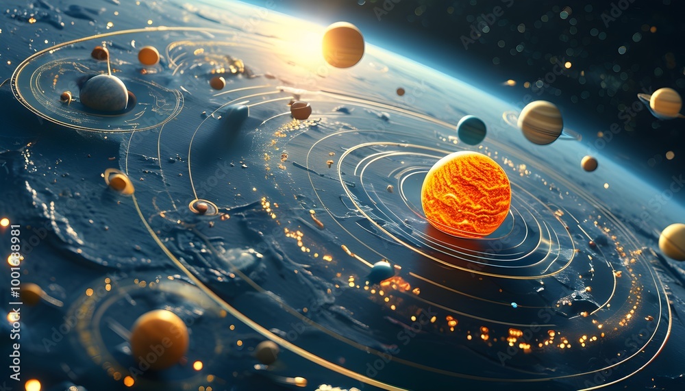 Intricate solar system model showcasing planetary orbits, merging ...