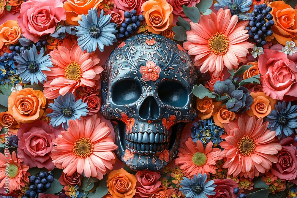 Colorful Day of the Dead skull surrounded by vibrant flowers, perfect for Dia De Los Muertos celebrations, altar decorations, and cultural events.