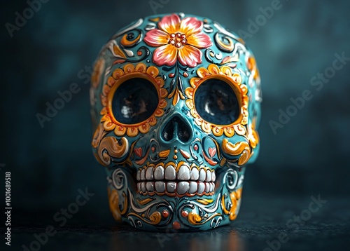 Vibrant sugar skull adorned with floral designs for Day of the Dead (Dia De Los Muertos) celebrations. Ideal for festive decor, invitations, or cultural events.