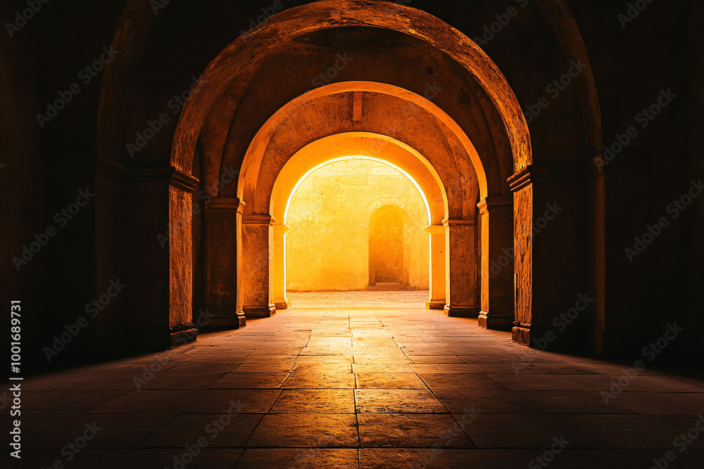 Fototapeta premium A golden glowing hallway with arched doorways illuminated by warm light creates a mysterious and inviting atmosphere 