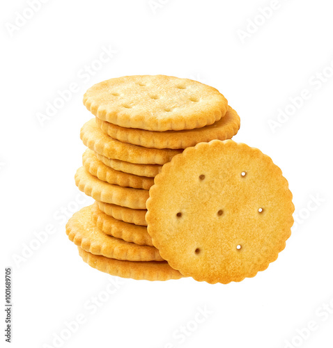 Stack of round crackers isolated on white background.