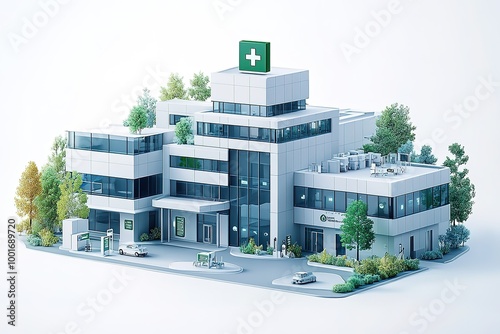 A large white building with a green cross on it