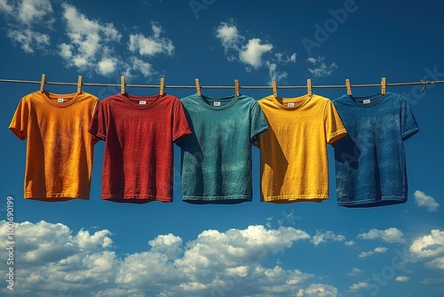 A row of clothes hanging on a clothesline on a sunny day photo