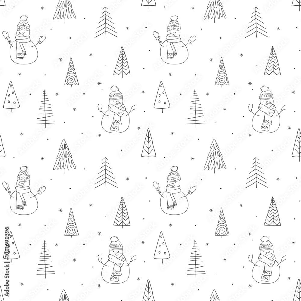 Winter Doodle Seamless Pattern with Snowman and Christmas Tree. Kids Outdoor Fun. Happy Winter Holiday season. Outline sketch Black and white Background. Frosty Cute Snow man Character