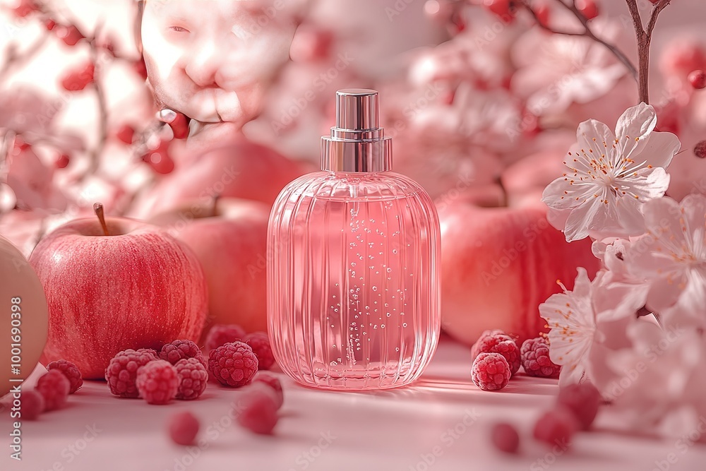 A bottle of perfume is surrounded by a bunch of apples and raspberries