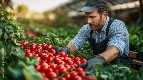 Man Arranging Freshly Harvested Tomatoes at Outdoor Farmer's Market