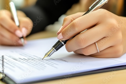 A woman signs a business document with a pen on a desk