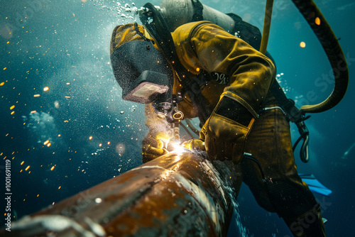 Close up of a diver welding an undersea pipeline integrity with Precision