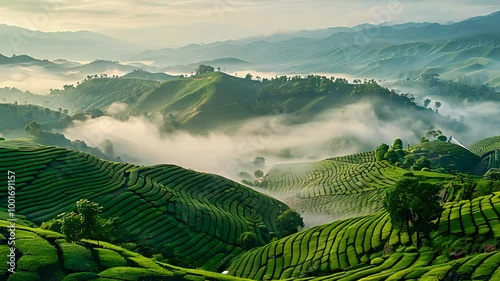 Lush Green Hills with Terraced Fields, Morning Mist, and Scenic Mountain Views Creating a Serene Agricultural Landscape