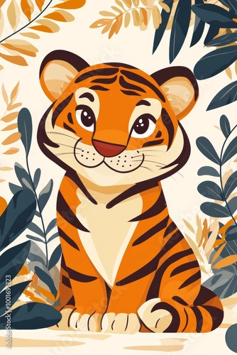 Cartoon tiger cub with fall leaves around it, sitting, smiling