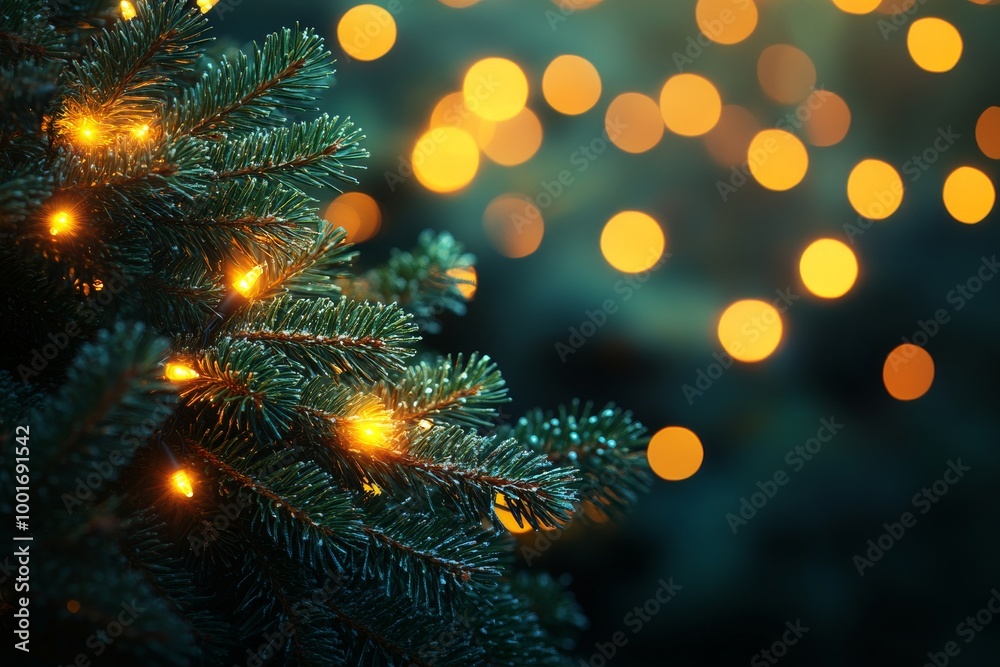 Festive Christmas tree adorned with glowing lights and bokeh, creating a warm holiday ambiance Festive Christmas tree adorned with glowing lights and bokeh, creating a warm holiday ambiance