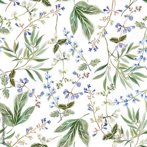 Meadow greenery, blue flowers, green leaves, white background. Floral illustration. Vector seamless pattern. Botanical design. Nature summer plants