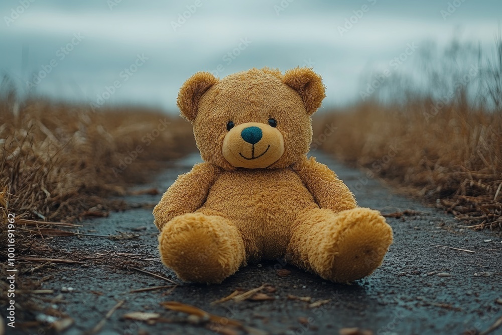 Lonely teddy bear seated on a road surrounded by autumn fields, evoking a sense of nostalgia and solitude Lonely teddy bear seated on a road surrounded by autumn fields, evoking a sense of nostalgia and solitude