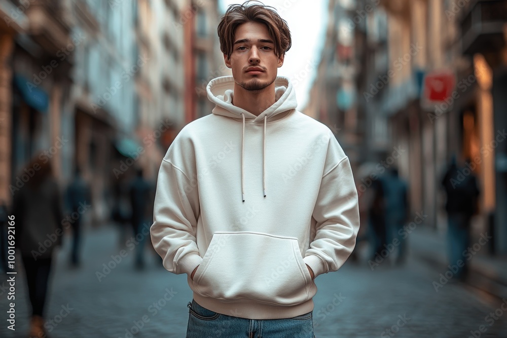 Young man in a white hoodie and jeans standing confidently on an urban street Young man in a white hoodie and jeans standing confidently on an urban street