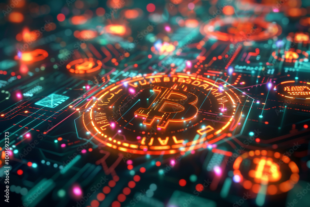 Close up on a digital currency hologram symbols of global economies intertwined glowing in neon Close up on a digital currency hologram symbols of global economies intertwined glowing in neon