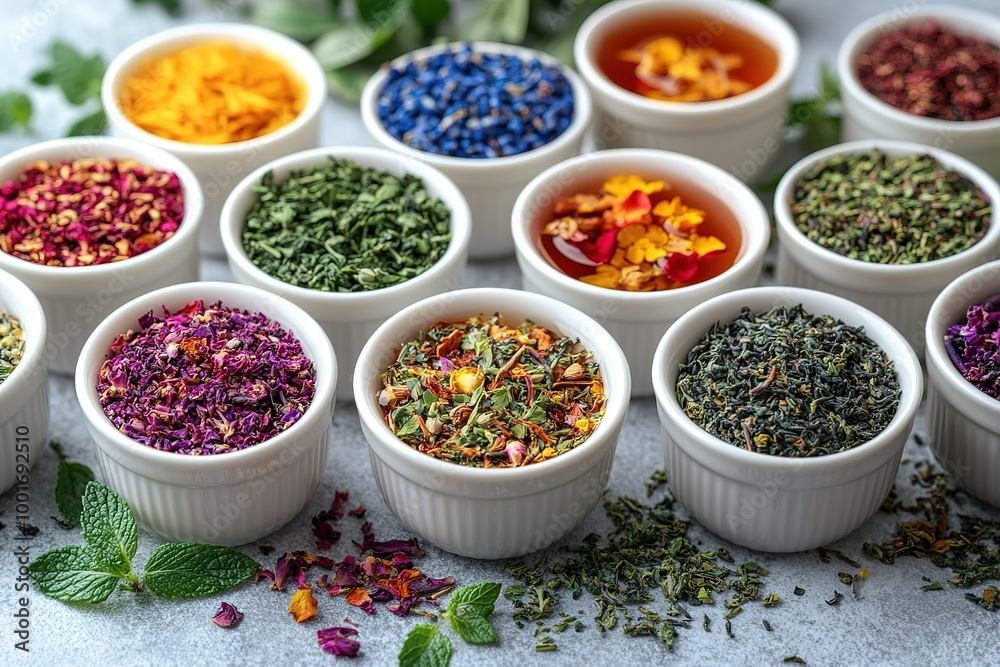 A row of white bowls filled with various herbs and spices A row of white bowls filled with various herbs and spices