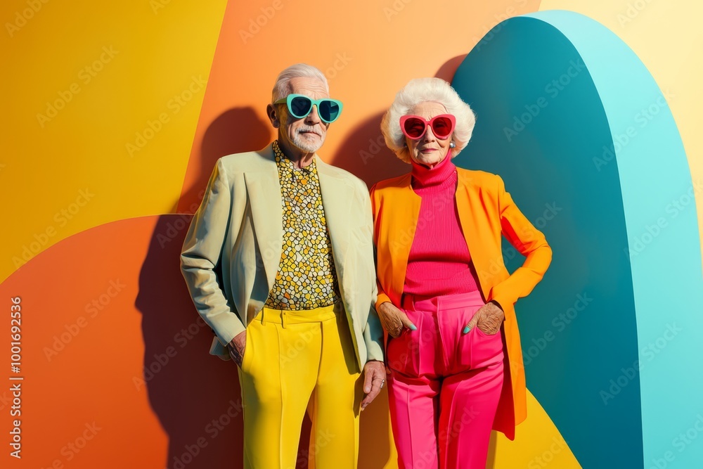 Vibrant elderly couple dressed in colorful outfits, wearing sunglasses, posing against a lively geometric backdrop in a playful urban setting Vibrant elderly couple dressed in colorful outfits, wearing sunglasses, posing against a lively geometric backdrop in a playful urban setting