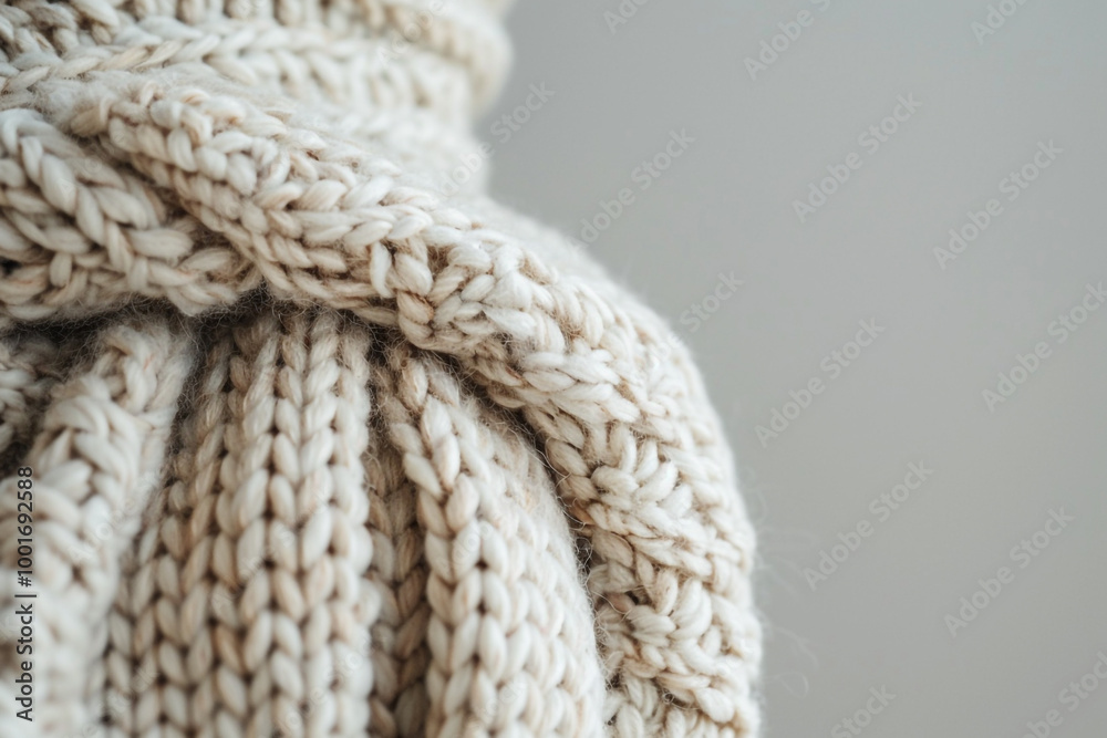 Close up on the warm woven threads of a stylish knit sweater displayed against a minimalist background Close up on the warm woven threads of a stylish knit sweater displayed against a minimalist background