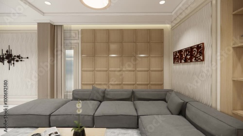 A chic bedroom with a plush bed and a large mirror, contributing to a sophisticated and airy environment