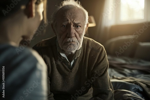 close-up photo of a depressed older man sitting on a bed in front of his wife, portraying frustration and sadness in their bedroom.