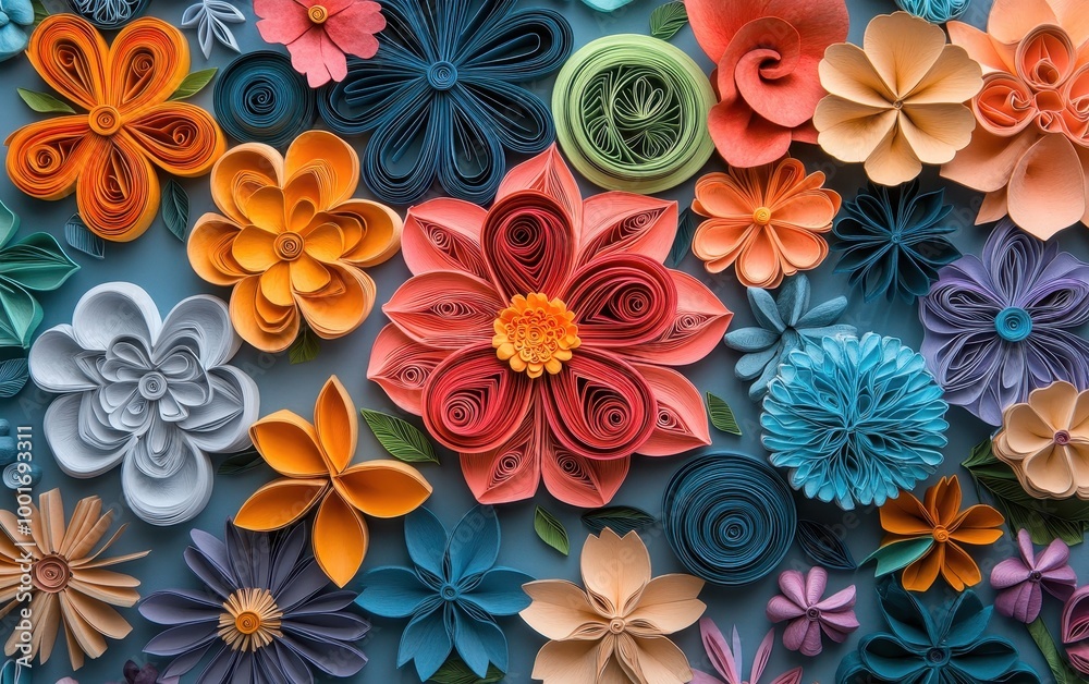 Colorful paper flowers arranged in a vibrant display, showcasing intricate designs and a variety of shapes and hues. Colorful paper flowers arranged in a vibrant display, showcasing intricate designs and a variety of shapes and hues.
