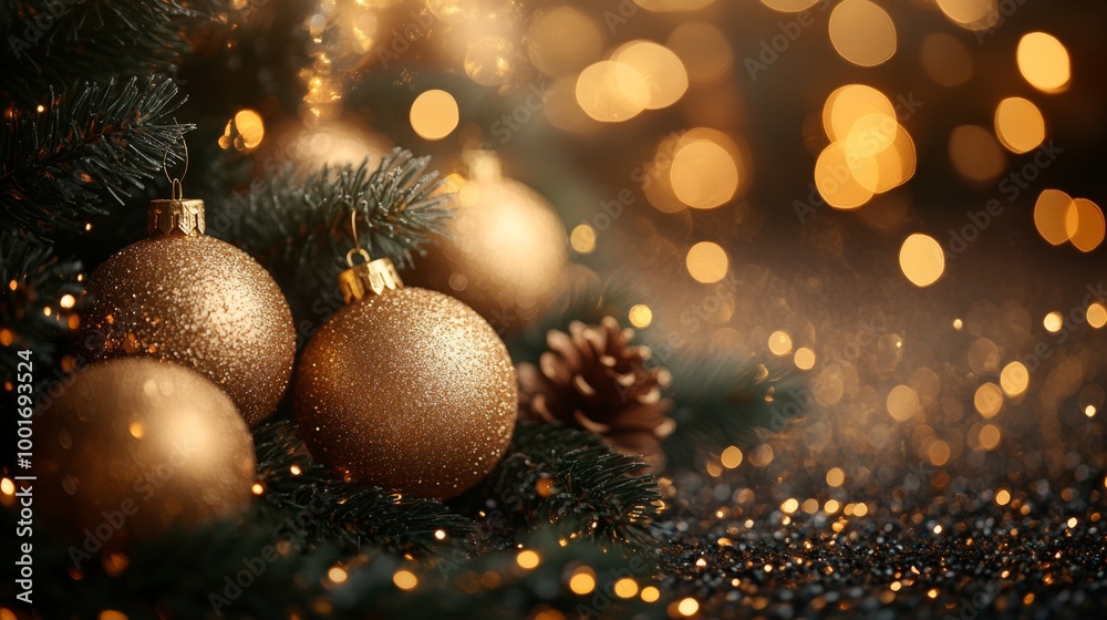 Christmas and New Year holidays background. Christmas tree with golden baubles and lights bokeh background. Space for text. Copy space. Greeting card. Christmas and New Year holidays background. Christmas tree with golden baubles and lights bokeh background. Space for text. Copy space. Greeting card.