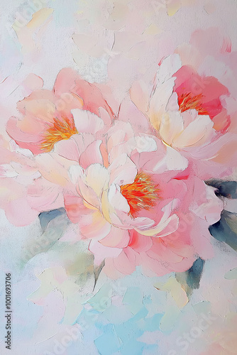 Beautiful floral painting, pastel colors, blooming flowers, artistic brushstrokes, delicate petals, soft hues, nature-inspired artwork, floral art concept