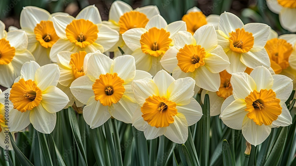 Obraz premium A close-up view of a group of white and yellow daffodils in full bloom.