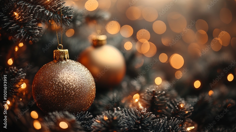 Christmas and New Year holidays background. Christmas tree with golden baubles and lights bokeh background. Space for text. Copy space. Greeting card. Christmas and New Year holidays background. Christmas tree with golden baubles and lights bokeh background. Space for text. Copy space. Greeting card.