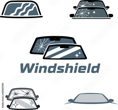 Windshield icon set with various car front window designs for repair and automotive services