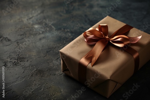 Elegant Gift Box Wrapped in Brown Paper with Satin Ribbon