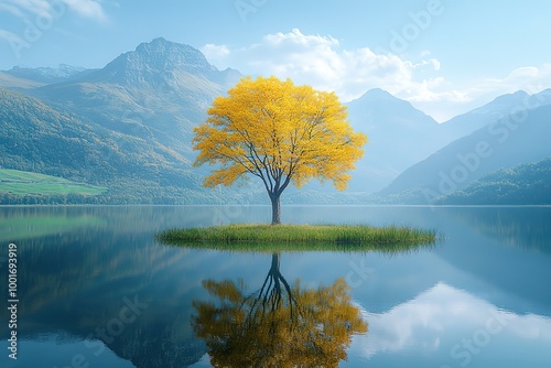 A tree is growing on a small island in a lake photo