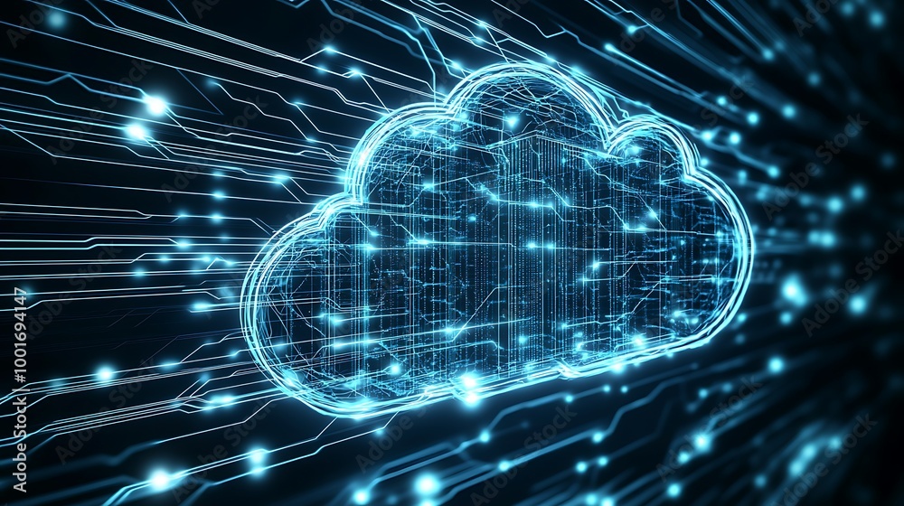 Obraz premium Abstract digital cloud computing concept with glowing lines and dots on a dark background.