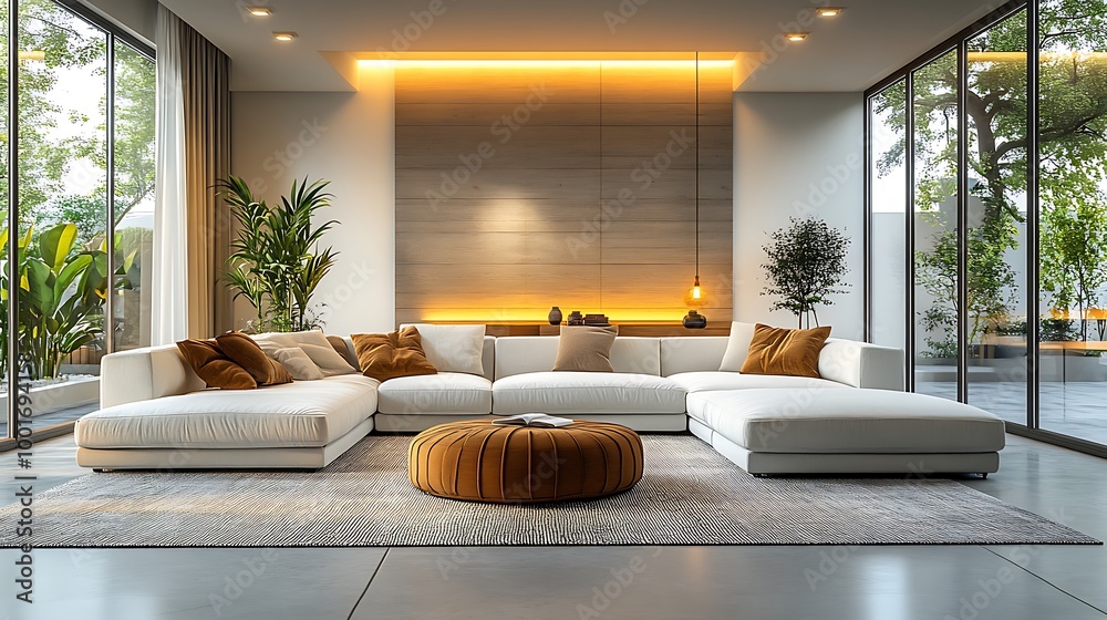 Fototapeta premium Modern living room interior design with white sectional sofa, orange ottoman and warm lighting