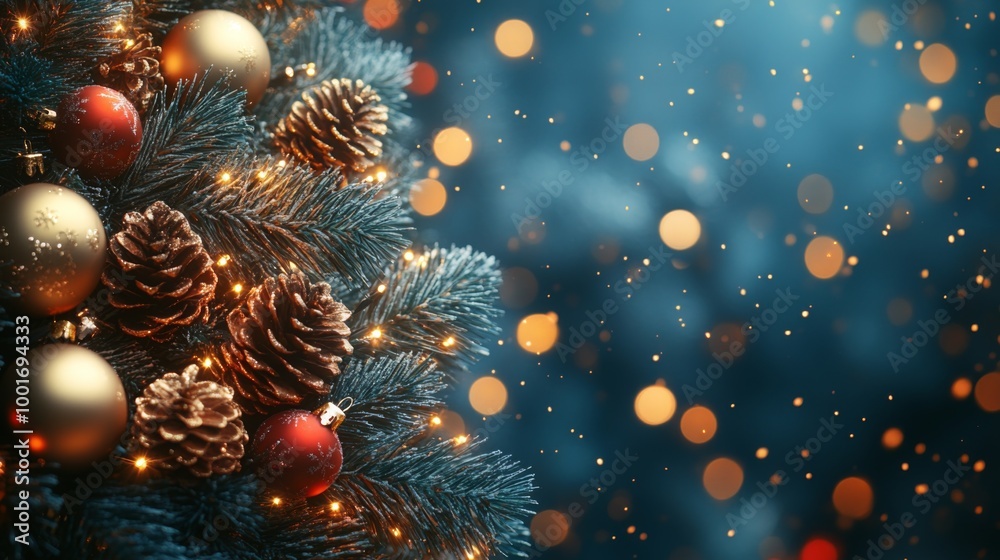 Christmas and New Year holidays background. Christmas tree with golden baubles and lights bokeh background. Space for text. Copy space. Greeting card.
