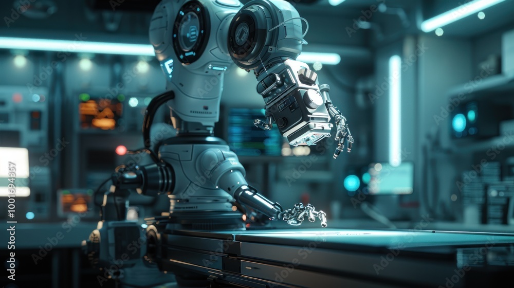 A surgical robot performing an operation in a modern operating room with bright lighting. A surgical robot performing an operation in a modern operating room with bright lighting.