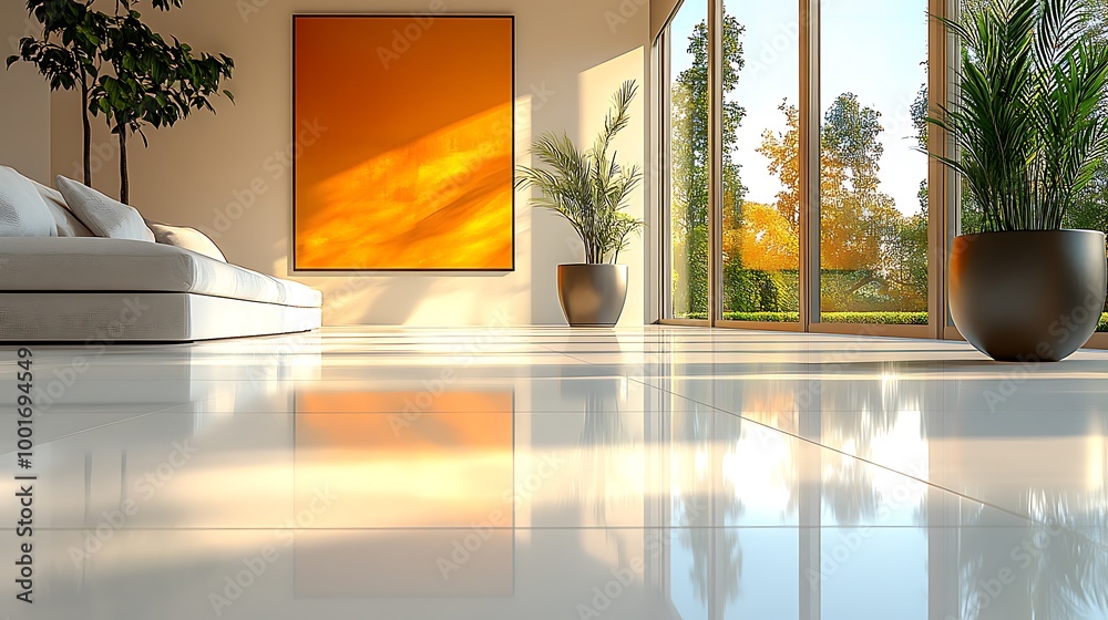 Fototapeta premium Modern living room interior design with white floors and large windows