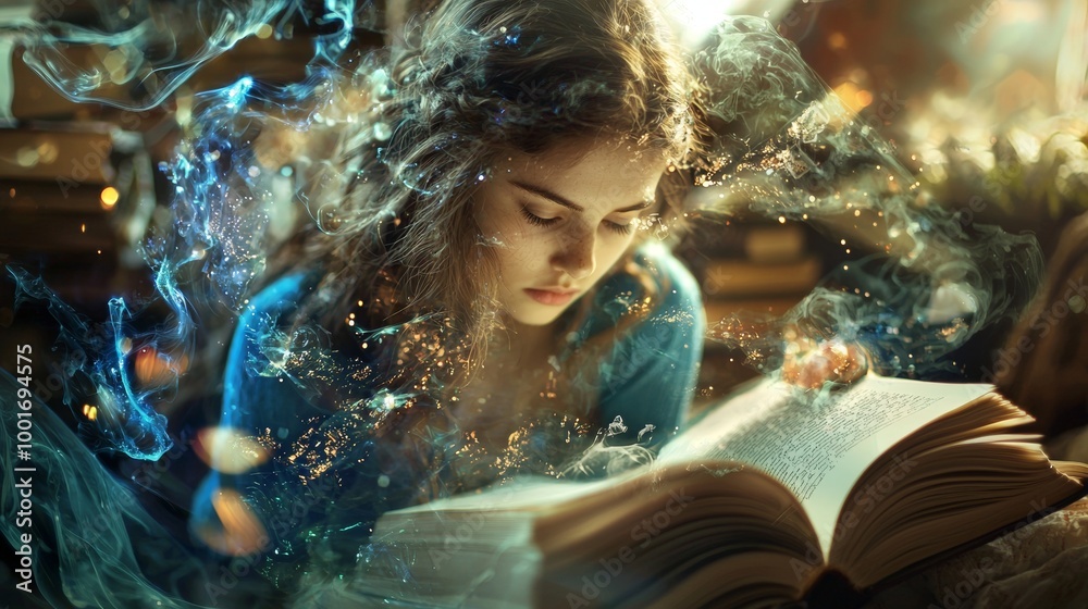 Young girl reading a magical book surrounded by mystical effects Young girl reading a magical book surrounded by mystical effects