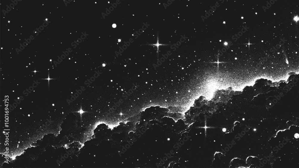 Deep space scene background in stippling style with amazing huge nebula and glowing stars cluster in universe. Retro styled dotwork. Pointillism. Noisy grainy shading using dots. Vector illustration