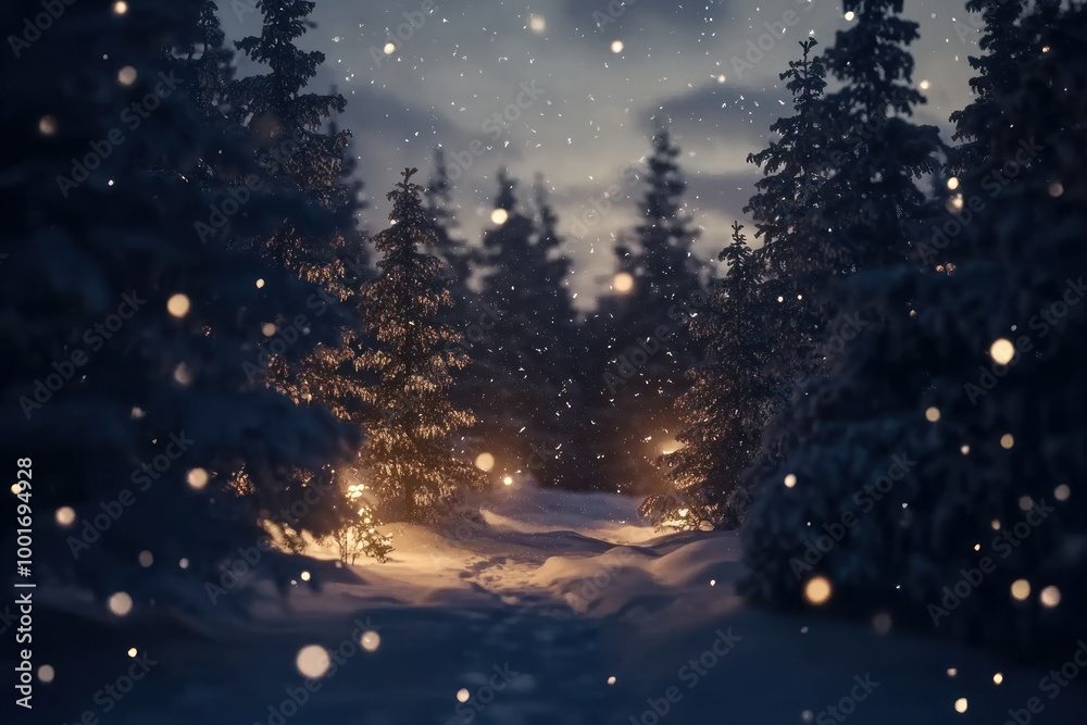 Fototapeta premium Serene Winter Forest with Gentle Snowfall at Dusk